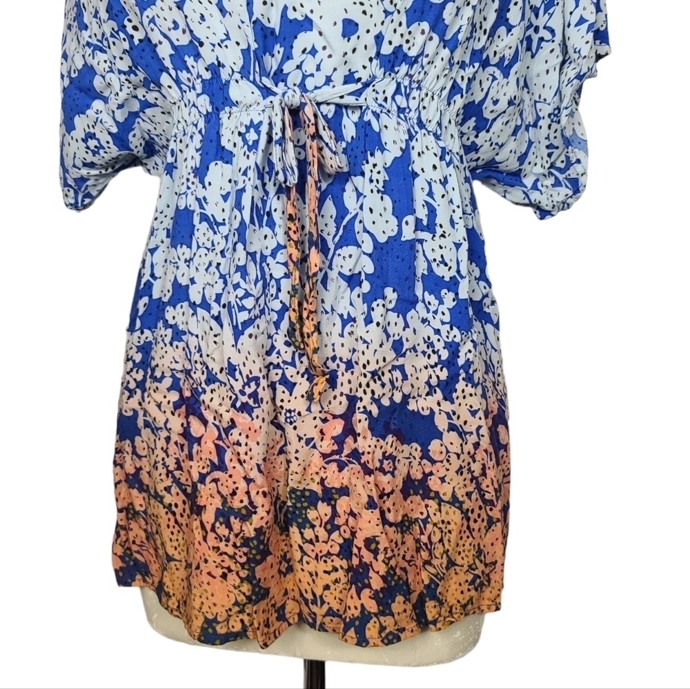 Cabi Ombre Floral Blue White Orange Cinched Waist Tie Blouse S #891 - Picture 4 of 10